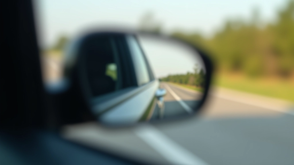 Automobilio šoninių veidrodžių detali nuotrauka, aiški diena, kelias matomoje nuotraukoje, šviesi aplinka