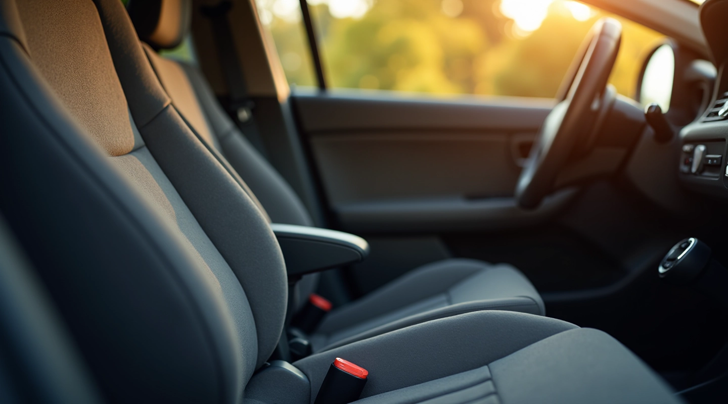 Komfortabli automobilio sėdynė su reguliavimo rankenomis ir šiltu atlošu, natūrali dienos šviesa per automobilį