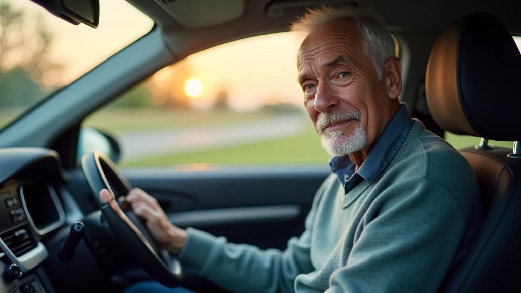Vyresnis vairuotojas sėdi automobilio viduje, ranka prie vairo, ryti apšvietimas iš šono, ryšku reguliuojama sėdynė