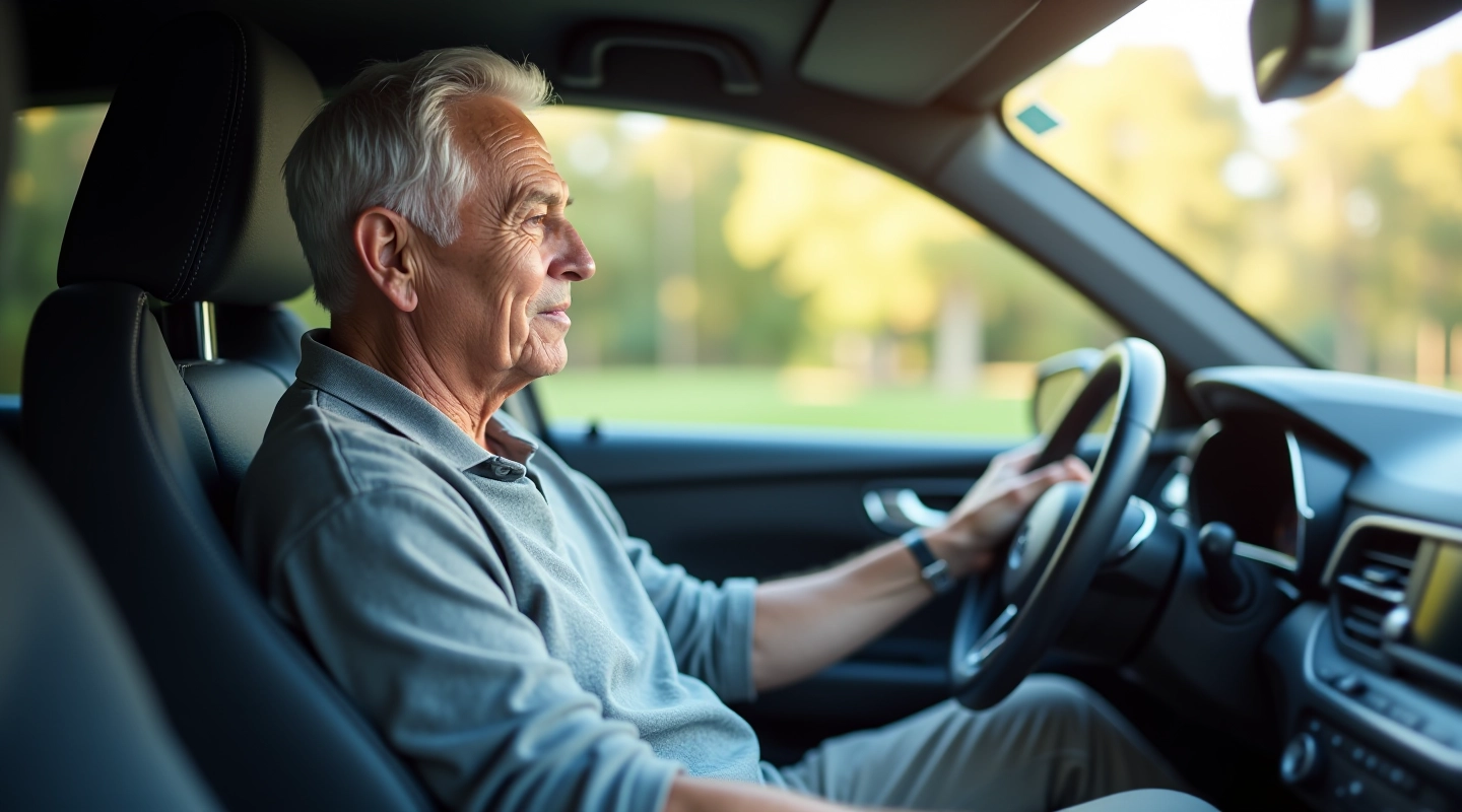 Vyresnio amžiaus vairuotojas su ergonomine automobilio sėdyne