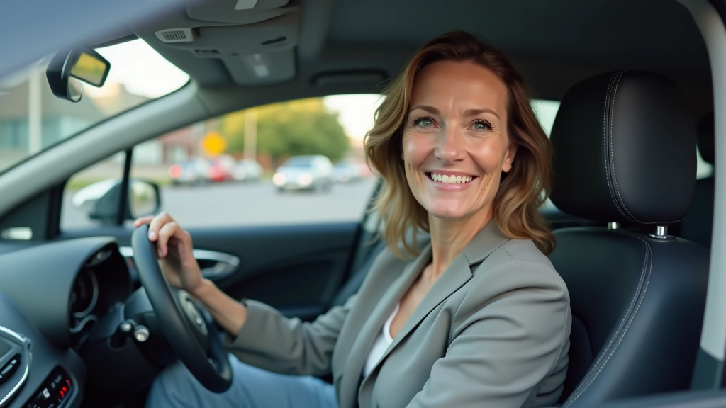 Bandymų važiavimas — brandi moteris vairuoja automobilį per miesto gatvę, pasitikėta išraiška, natūrali dienos šviesa