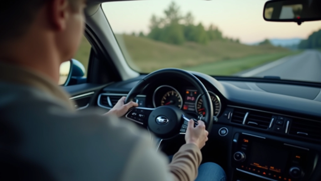 Šiuolaikinio automobilio salonas su vairo ratu ir valdymo skydeliu, aiškus švieslaidinis indikatorius