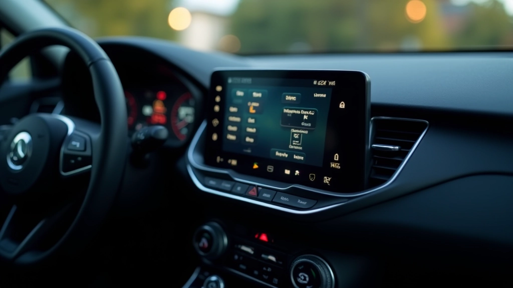 Šiuolaikinio automobilio saugumo funkcijų valdymo skydelis su aiškiais simboliais ir ekranu, gerai organizuota sąsaja