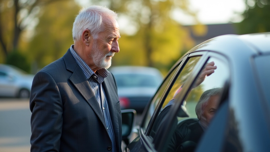 Išorinė automobilio pusė, senyvas žmogus peržiūri mašiną, akordingai žiūri į langus ir vartus, sodinti nustatymai, šviesa iš šono