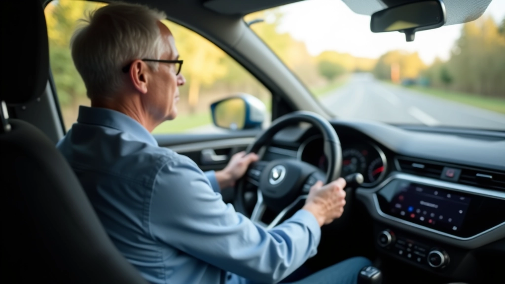 Bandymų važiavimas — vairuotojo rankos prie vairo, šiuolaikinio automobilio interjeras, saugi kelionė